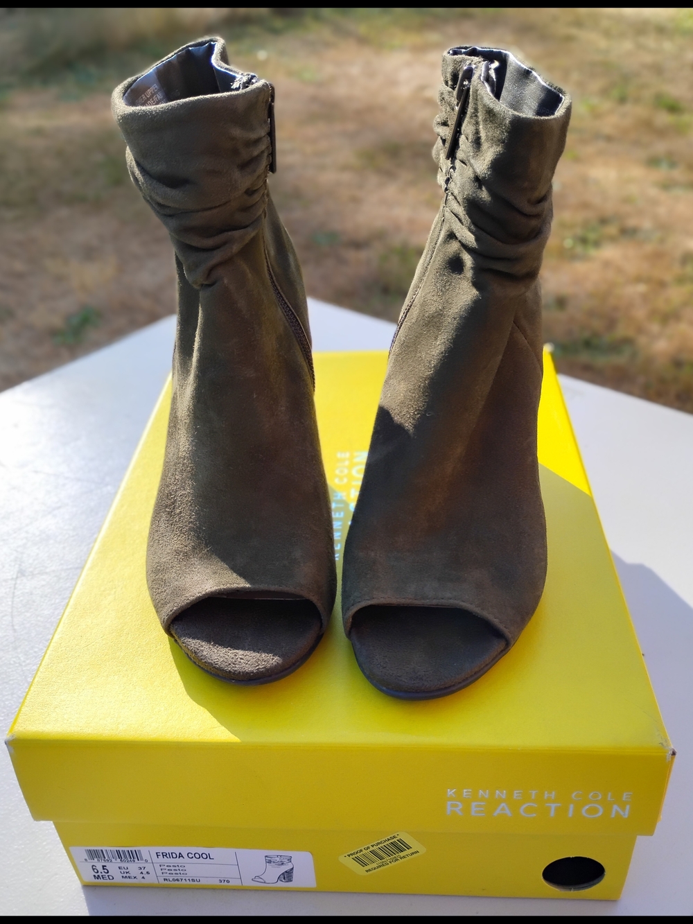 Kenneth Cole Reaction Olive Green Suede Peep-Toe Ankle Boots